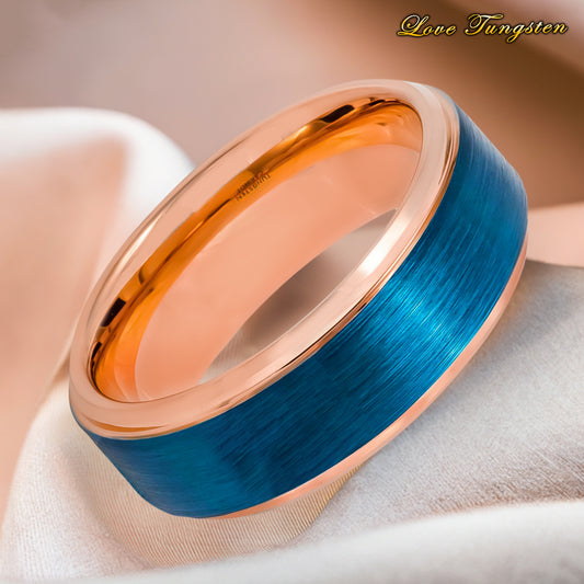 Two-tone Rose & Blue IP Stepped Edge Tungsten Ring – 8 mm