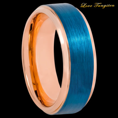 Two-tone Rose & Blue IP Stepped Edge Tungsten Ring – 8 mm