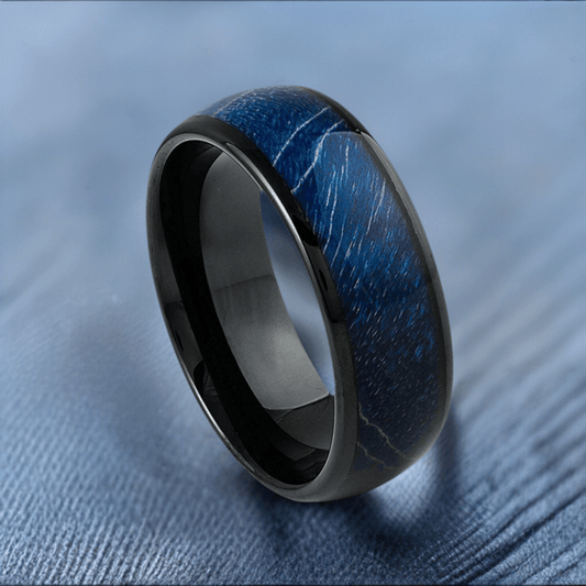 Azure Wood Resin Inlay Black IP Tungsten Ring - 8mm - Love Tungsten