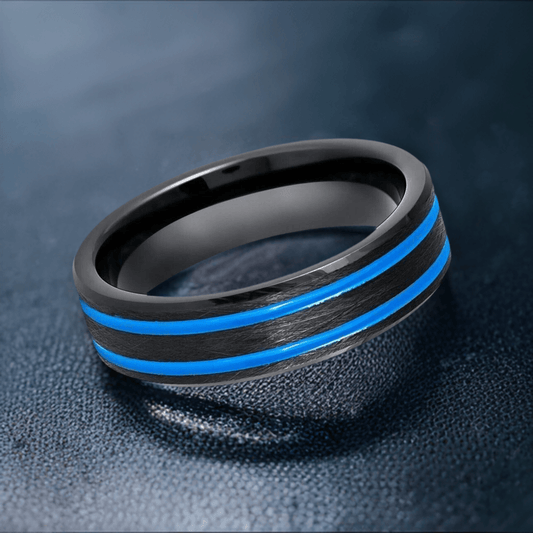 Beveled Edge Black & Blue IP Tungsten Ring - 6mm - Love Tungsten
