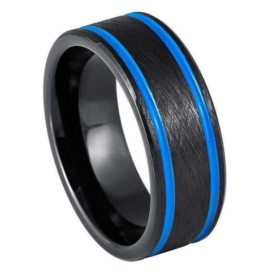 Beveled Edge, Blue IP & Black IP Grooves Tungsten Ring - 8mm - Love Tungsten