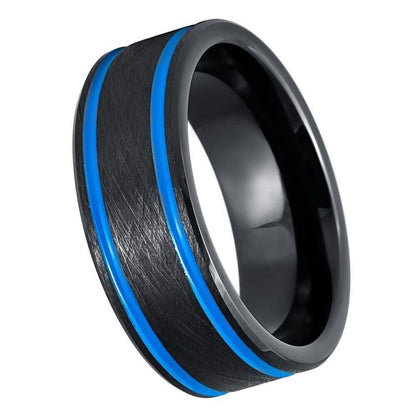 Beveled Edge, Blue IP & Black IP Grooves Tungsten Ring - 8mm - Love Tungsten