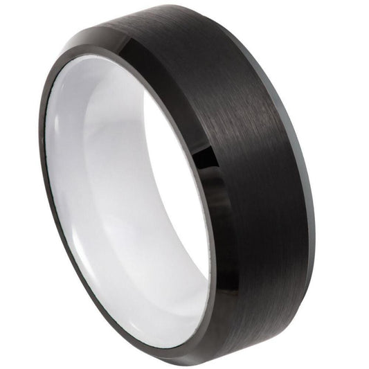 Beveled Edge White Ceramic Sleeve Black IP Tungsten Ring - 8mm - Love Tungsten