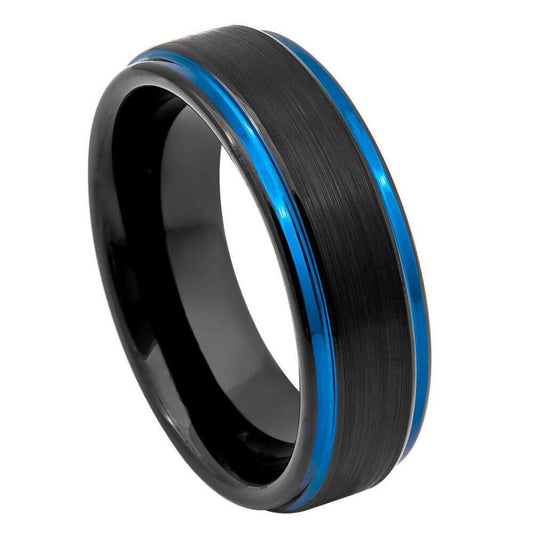 Black & Blue IP Plated Brushed Stepped Tungsten Ring - 6mm - Love Tungsten