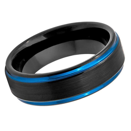 Black & Blue IP Plated Brushed Stepped Tungsten Ring - 6mm - Love Tungsten