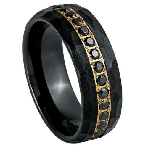Black & Yellow Gold IP Plated Prong-Set Black CZ Eternity Tungsten Ring - 8mm - Love Tungsten