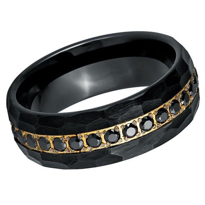 Black & Yellow Gold IP Plated Prong-Set Black CZ Eternity Tungsten Ring - 8mm - Love Tungsten