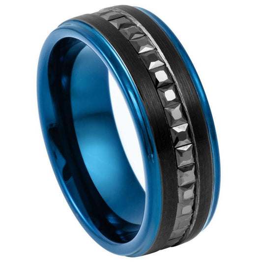 Black CZ Princess Cut Eternity Blue Edges Black IP Plated Tungsten Ring – 8mm - Love Tungsten