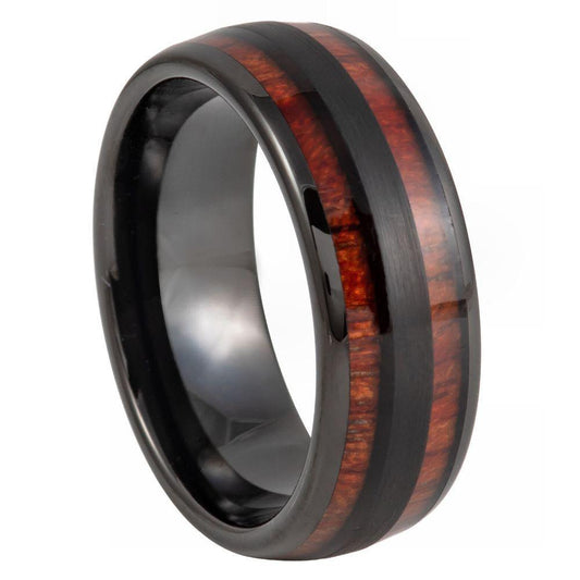 Black IP & Koa Wood Inlay Tungsten Ring - 8mm - Love Tungsten