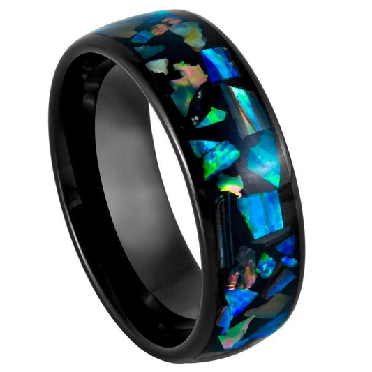 Black IP Tungsten Ring with Opal & Abalone Inlay - 8mm - Love Tungsten