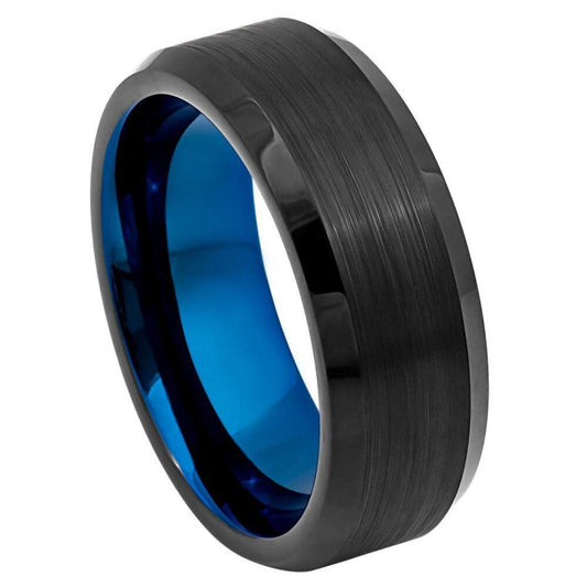 Black Outside, Blue Inside IP Plated Brushed Beveled Edge Tungsten Ring - 8 mm - Love Tungsten
