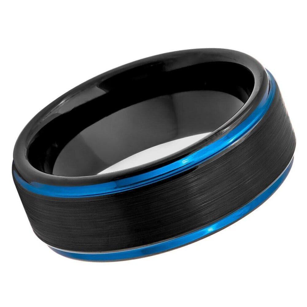 Black Outside, Blue Inside IP Plated Brushed Stepped Edge Tungsten Ring - 8mm - Love Tungsten