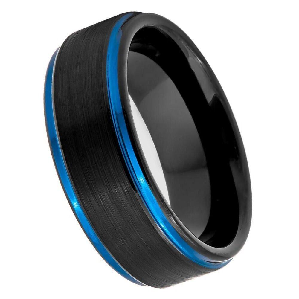 Black Outside, Blue Inside IP Plated Brushed Stepped Edge Tungsten Ring - 8mm - Love Tungsten