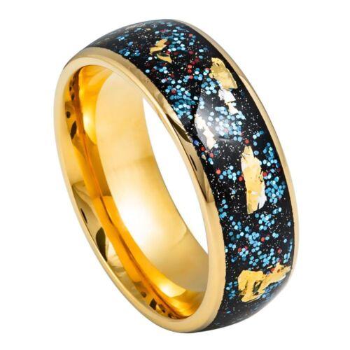 Blue Green Glitter & Gold Foil Yellow Inlay IP Dome Tungsten Ring - 8mm - Love Tungsten