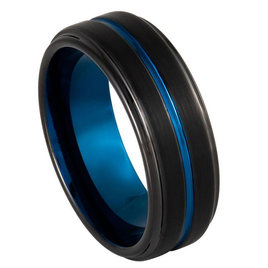 Blue Grooved Center Stepped Edge with Black IP Tungsten Ring - 8mm - Love Tungsten