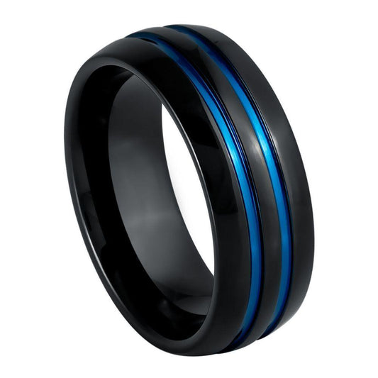 Blue Grooves with Domed Black IP Tungsten Ring - 8mm - Love Tungsten