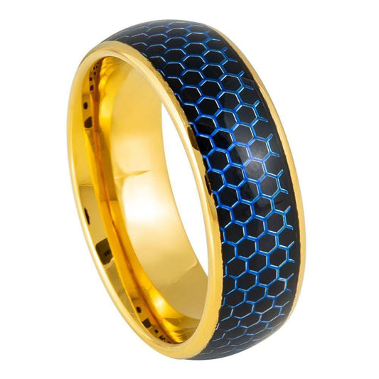 Blue Honeycomb Cutout Domed Tungsten Ring with Yellow Gold IP - 8mm - Love Tungsten