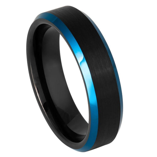 Blue IP Beveled Edge with Black IP Tungsten Ring - 6mm - Love Tungsten