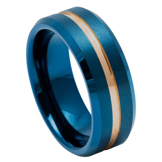 Blue IP Brushed & Rose Gold IP Grooved Tungsten Ring - 8mm - Love Tungsten