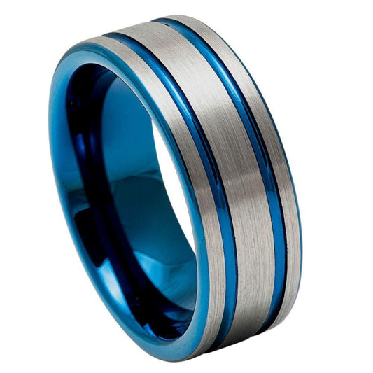 Blue IP Double Striped Center Tungsten Ring - 8mm - Love Tungsten