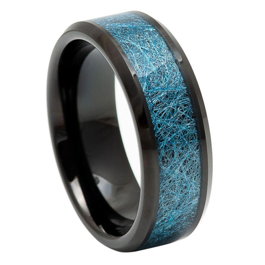Blue Silk Thread Inlay Black IP Tungsten Ring - 8mm - Love Tungsten