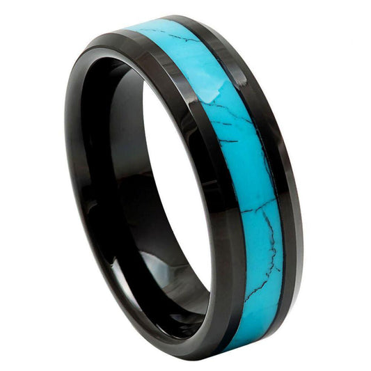 Blue Turquoise Inlay Black IP Tungsten Ring - 6mm - Love Tungsten