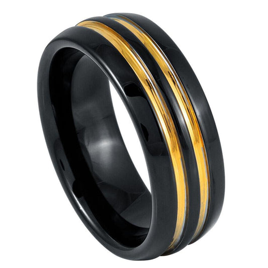 Bold & Stylish: Yellow IP Stripes Domed Black IP Tungsten Ring - 8mm - Love Tungsten