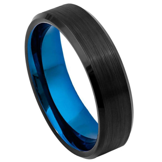 Brush Black Slick Inlay, Blue IP Plated Tungsten Ring - 6mm - Love Tungsten