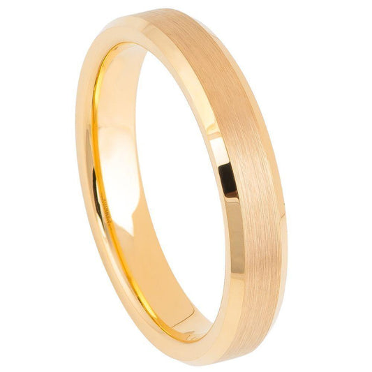 Brush Yellow Gold IP Plated Center and Shiny Beveled Edge Tungsten Ring – 4 mm - Love Tungsten
