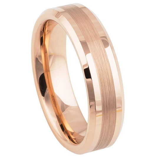 Brushed Center Beveled Rose Gold IP Tungsten Ring - 6mm - Love Tungsten
