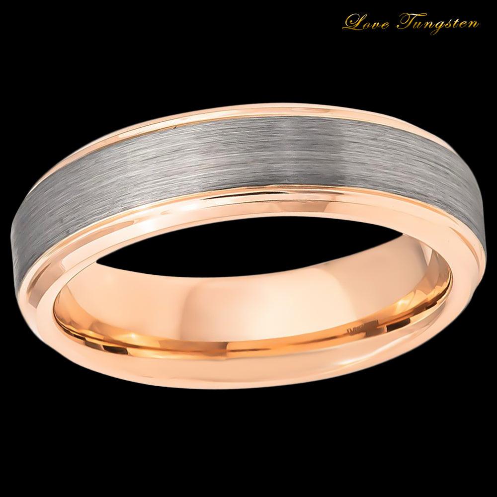 Brushed Center Rose Gold IP Plated Inside Tungsten Ring - 6mm - Love Tungsten
