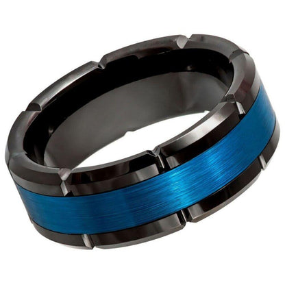 Brushed Center Shiny Edges Black & Blue IP Plated Tungsten Ring – 8 mm - Love Tungsten