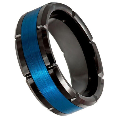 Brushed Center Shiny Edges Black & Blue IP Plated Tungsten Ring – 8 mm - Love Tungsten