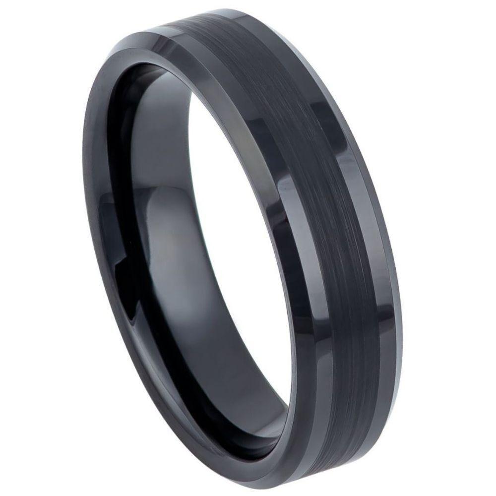 Brushed Center Shiny Lines on each side Black IP Plated Tungsten Ring – 6 mm - Love Tungsten