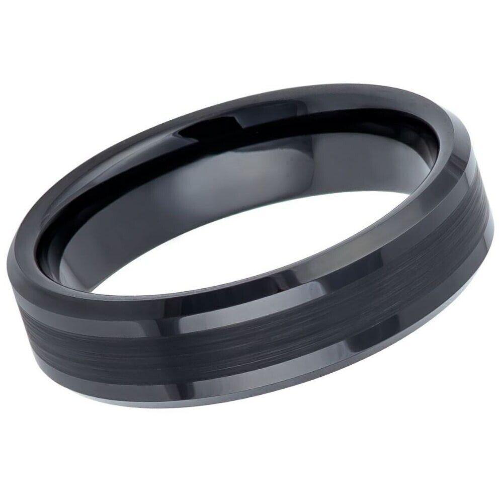 Brushed Center Shiny Lines on each side Black IP Plated Tungsten Ring – 6 mm - Love Tungsten
