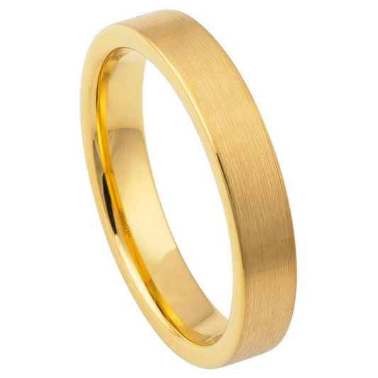 Brushed Polished Flat Pipe Yellow Gold IP Plated Tungsten Ring – 4 mm - Love Tungsten