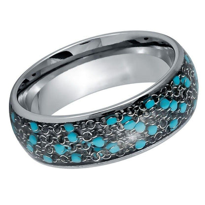 Cable Chain & Blue Beads Inlay Dome Tungsten Ring - 8mm - Love Tungsten