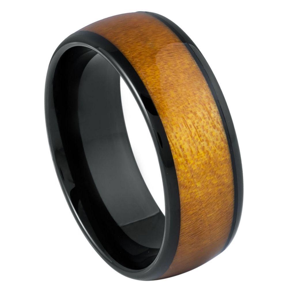 Caramel Fawn Stain Wood Black IP Plated Tungsten Ring - 8mm - Love Tungsten