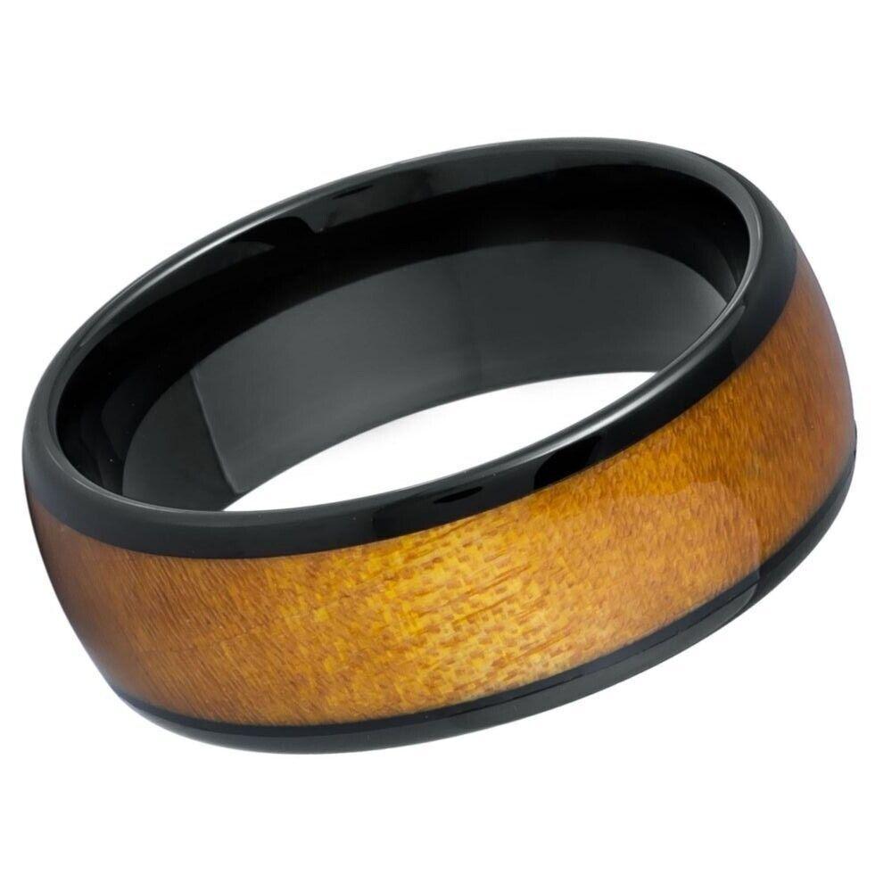 Caramel Fawn Stain Wood Black IP Plated Tungsten Ring - 8mm - Love Tungsten
