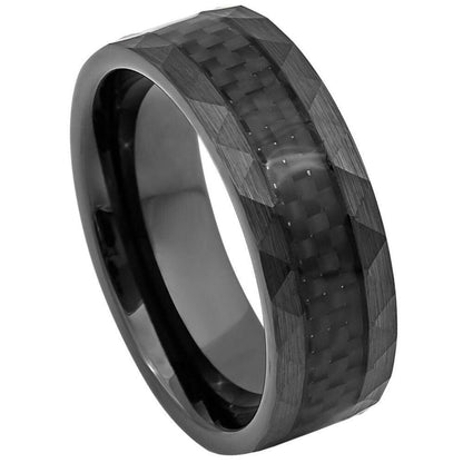 Carbon Fiber Center Faceted Sides Black IP Tungsten Ring - 8mm - Love Tungsten