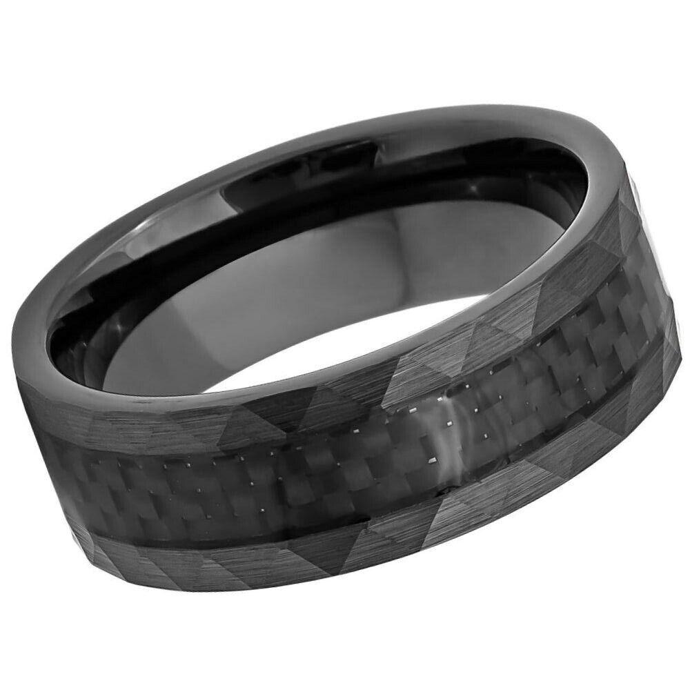 Carbon Fiber Center Faceted Sides Black IP Tungsten Ring - 8mm - Love Tungsten