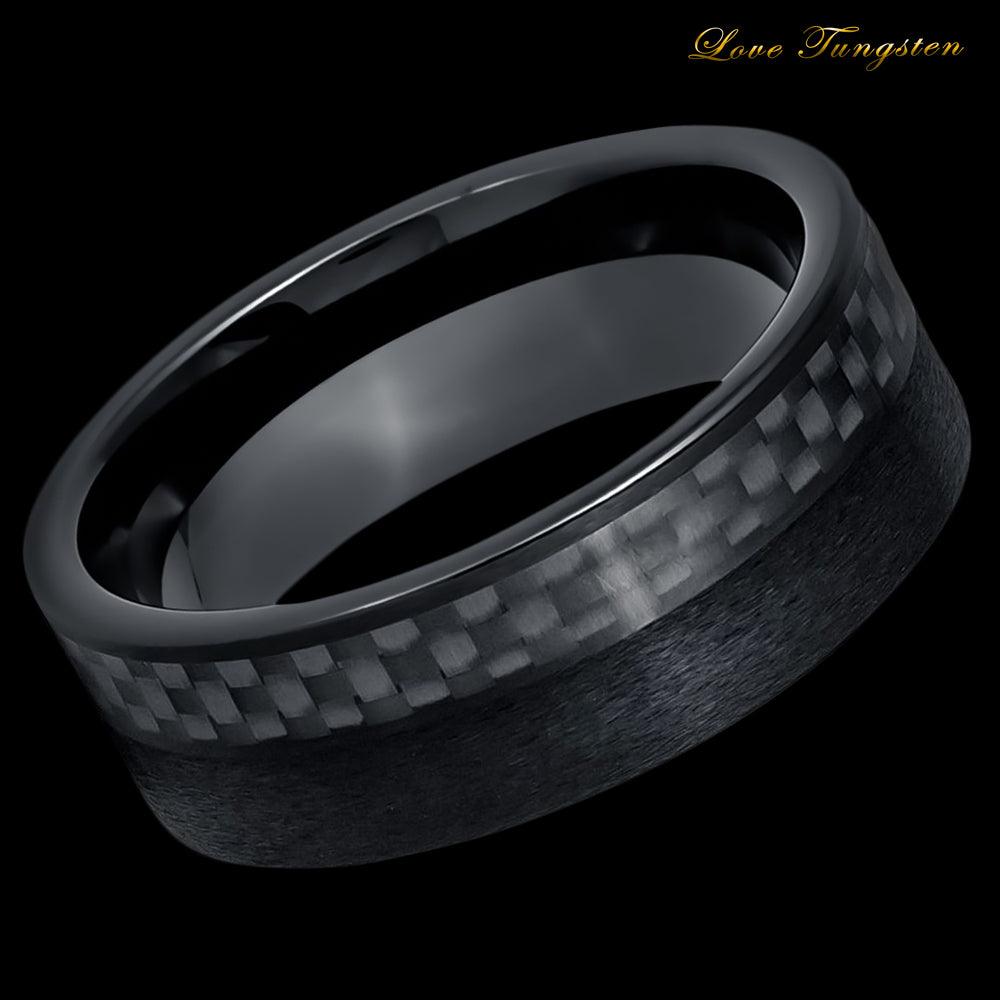 Carbon Fiber Inlay Black IP Tungsten Ring - 8mm - Love Tungsten