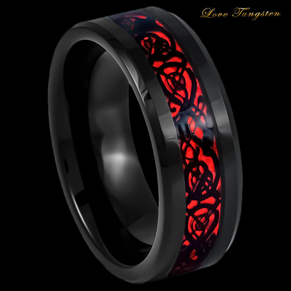 Celtic Dragon Gothic Cut-Out Inlay Tungsten Ring - 8mm - Black and Red - Love Tungsten