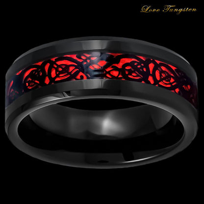 Celtic Dragon Gothic Cut-Out Inlay Tungsten Ring - 8mm - Black and Red - Love Tungsten