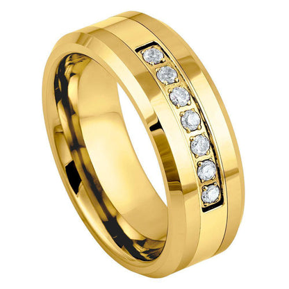 Center CZ Stones Yellow Gold IP Plated Beveled Edge Tungsten Ring - 8mm - Love Tungsten