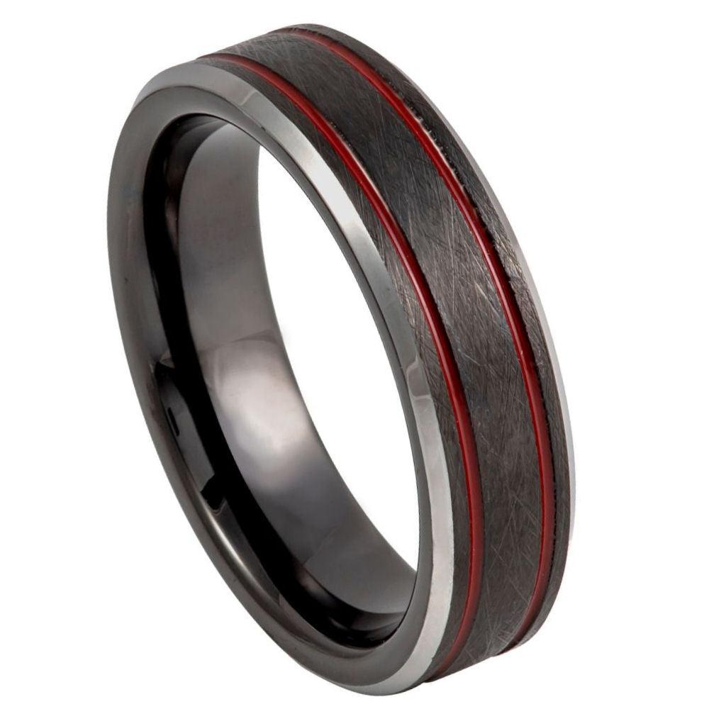 Charcoal Gray IP Ice Finish Red Thin Line Inlay Tungsten Ring - 6mm - Love Tungsten