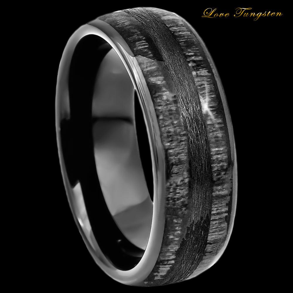 Charcoal Wood Inlay Black IP Plated Tungsten Ring - 8mm - Love Tungsten