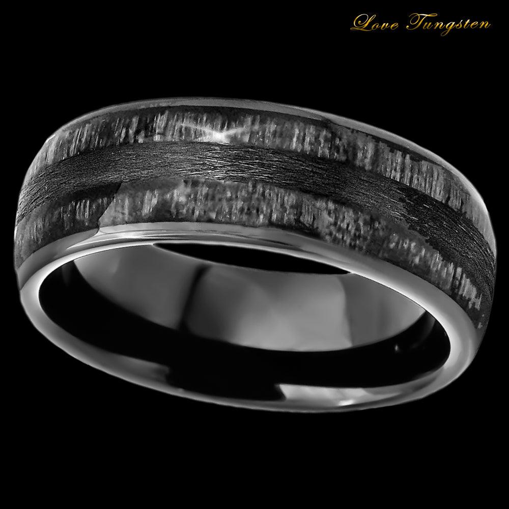 Charcoal Wood Inlay Black IP Plated Tungsten Ring - 8mm - Love Tungsten