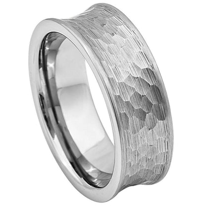 Concave Hammered Brushed Silver Finish Tungsten Ring - 8mm - Love Tungsten