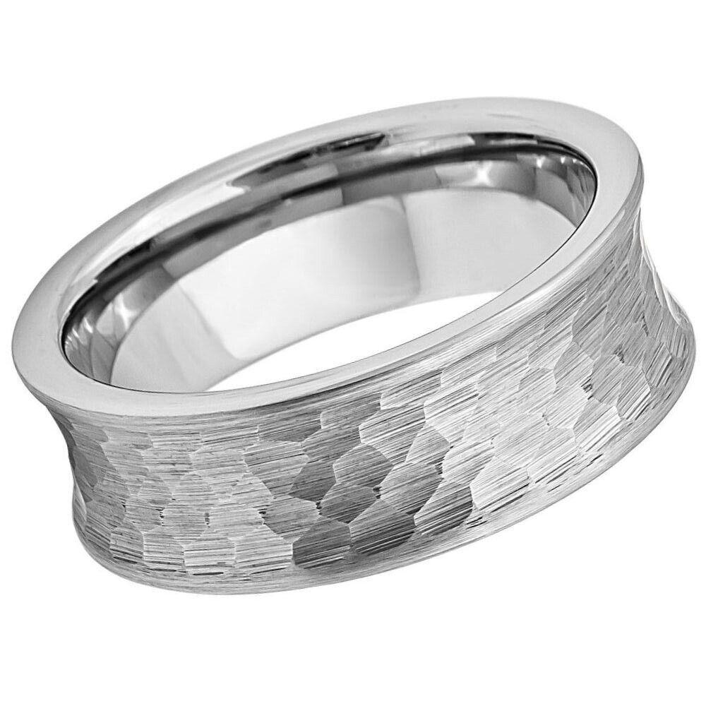Concave Hammered Brushed Silver Finish Tungsten Ring - 8mm - Love Tungsten